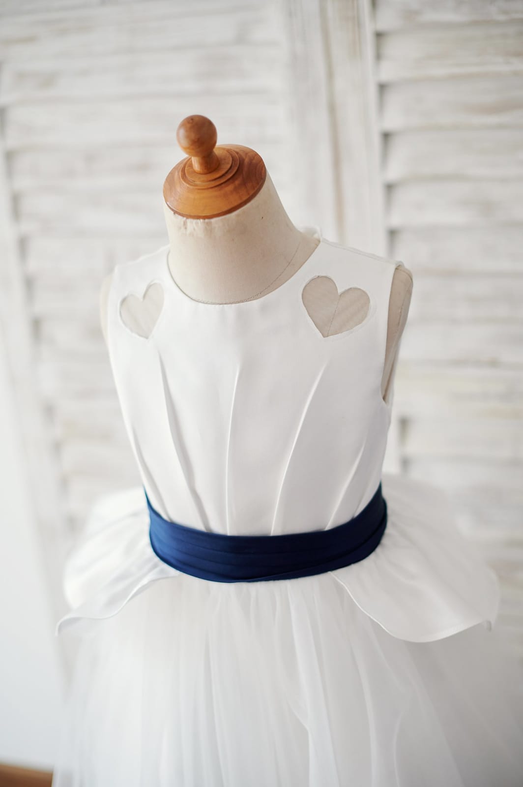 Ivory Satin Tulle Wedding Flower Girl Dress, Navy Blue Belt