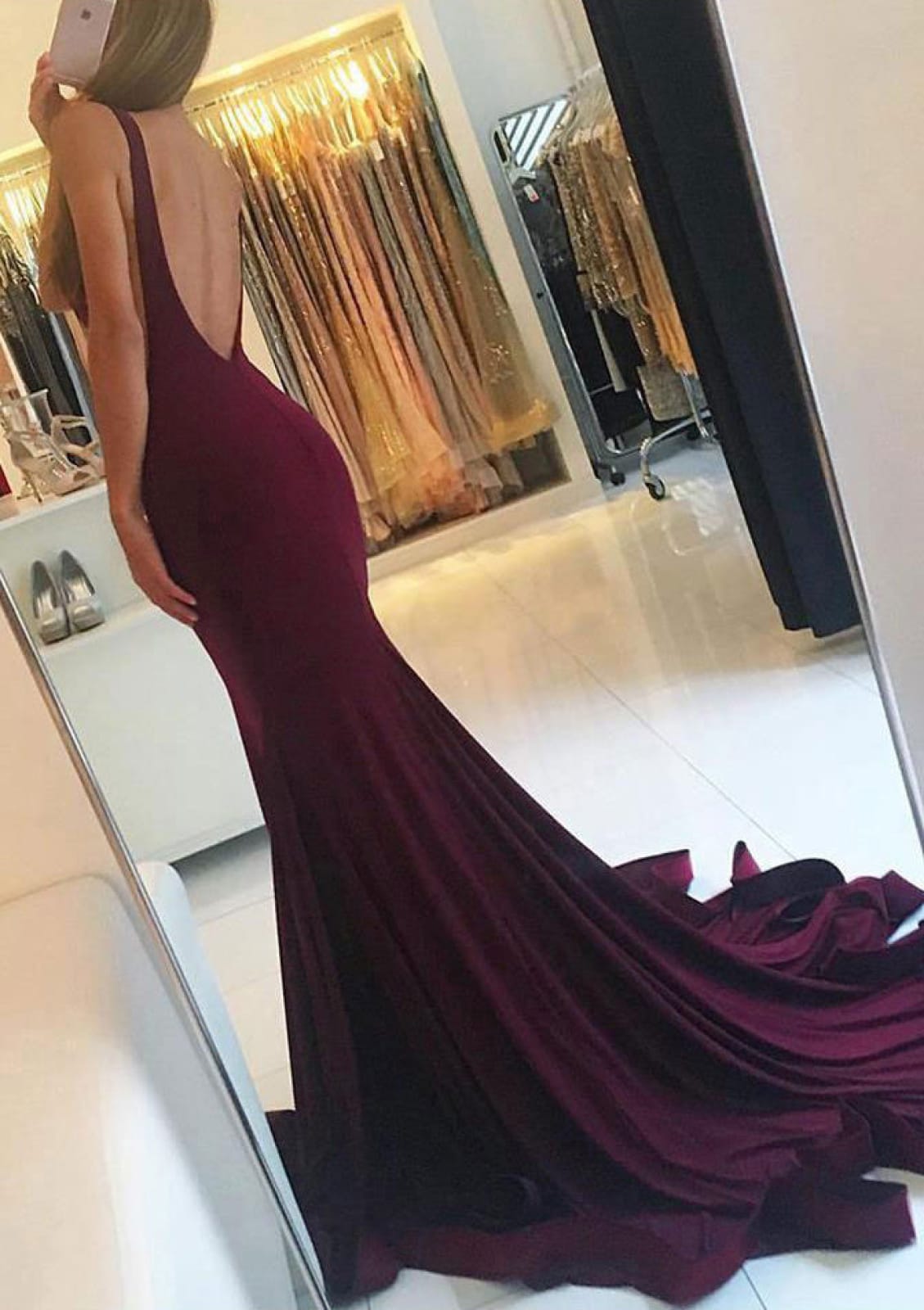 Jersey Prom Dress Wine Red Trumpet Backless Bateau Sleeveless Court