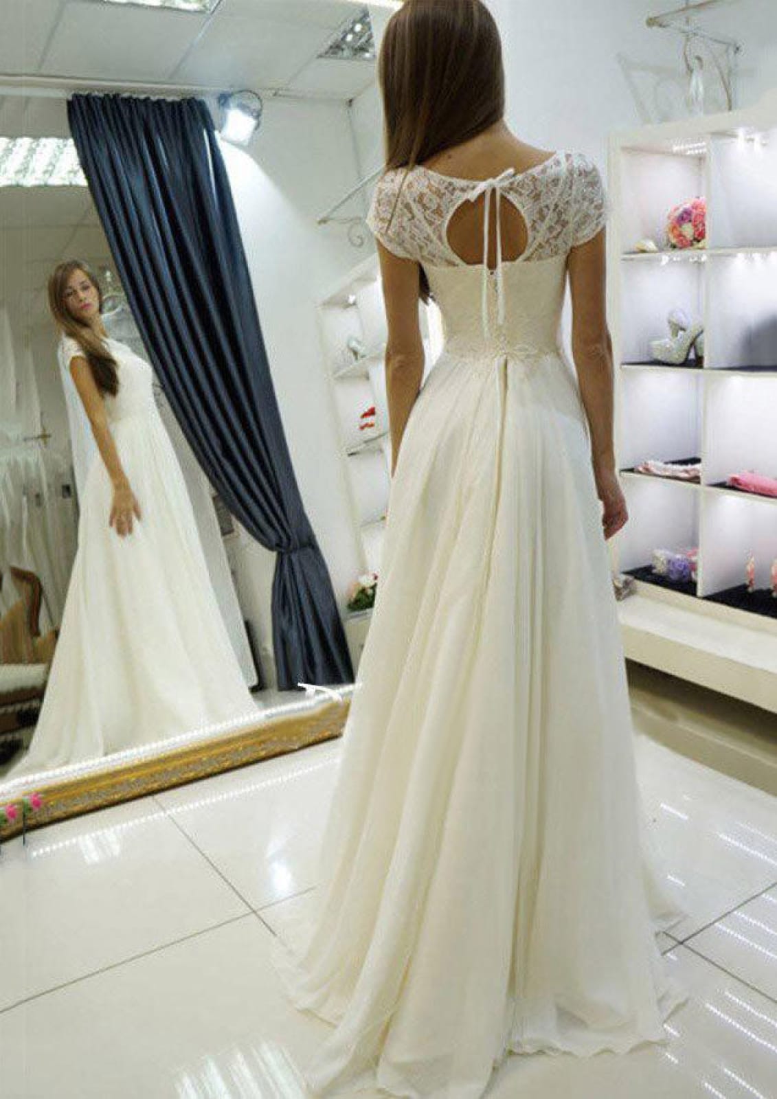 Lace Chiffon A-Line Bateau Keyhole Floor-Length Wedding Dress