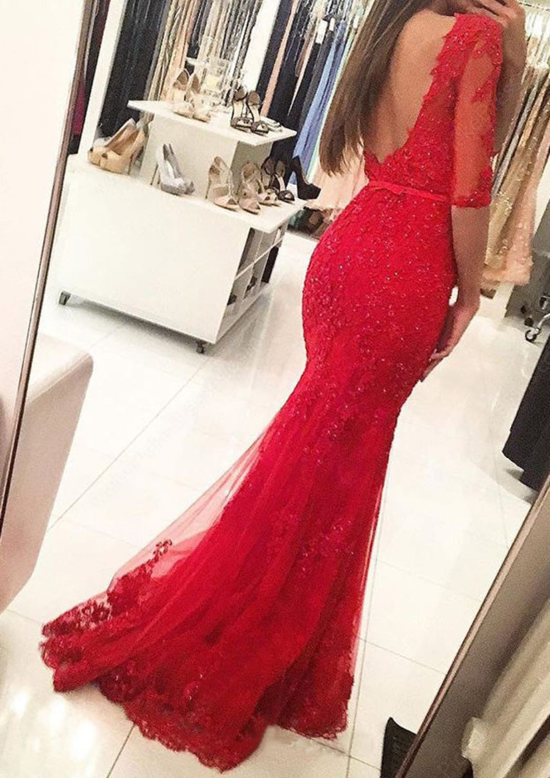 Red Lace Prom Dress Trumpet Bateau Half Sleeve Floor Length Sweep, Beaded