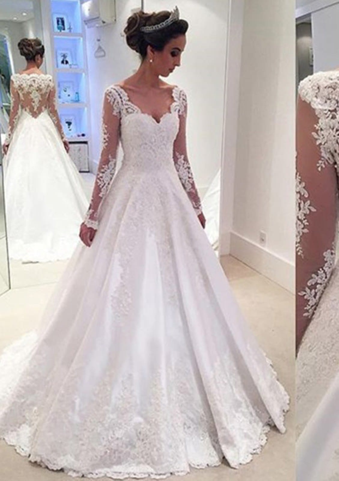 Lace Satin A-line Floor-Length Illusion Long Sleeve Wedding Dress