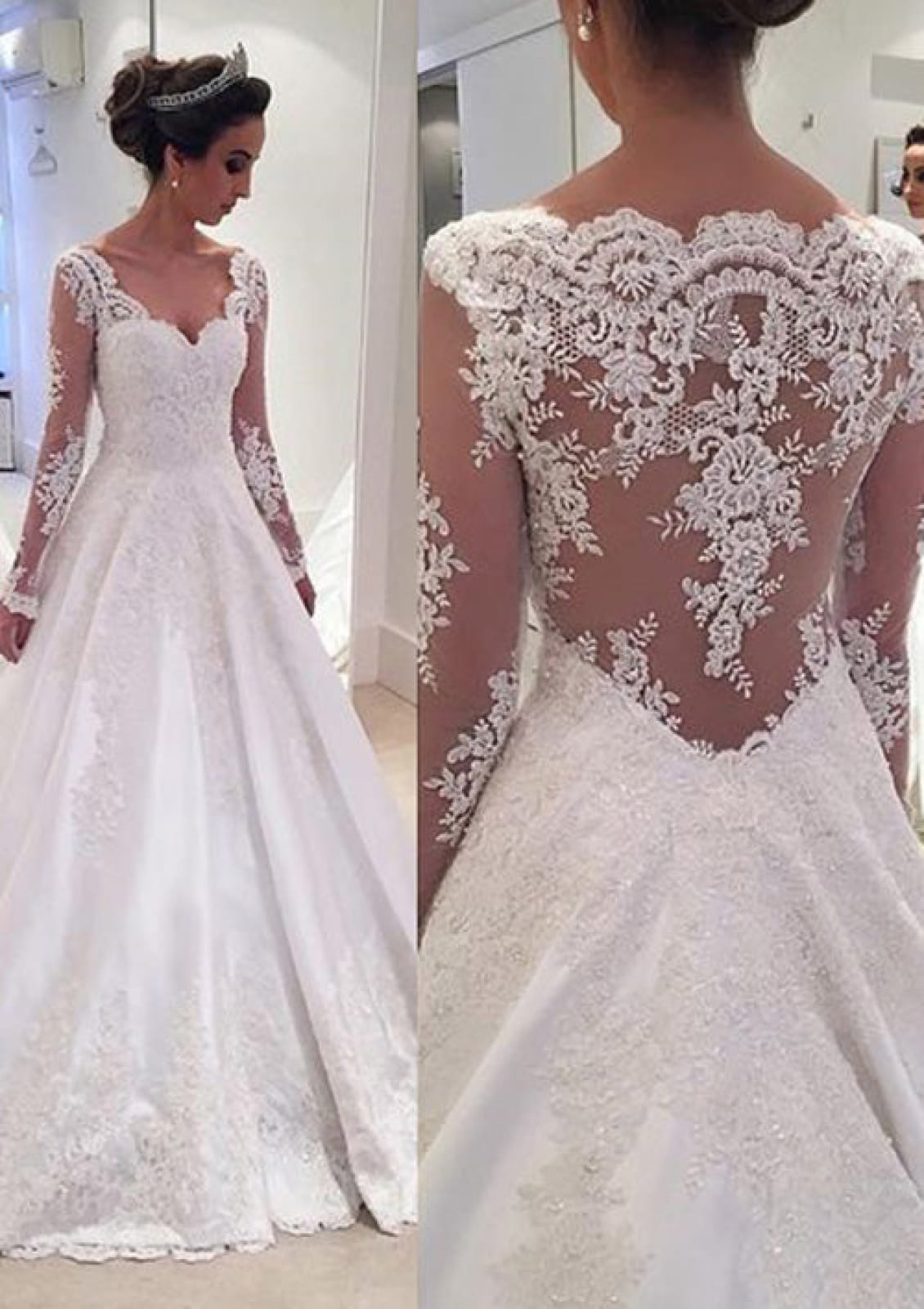 Lace Satin A-line Floor-Length Illusion Long Sleeve Wedding Dress