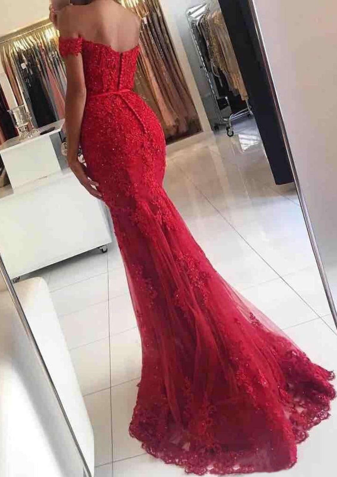 Lace Tulle Off Shoulder Sweep Train Long Mermaid Formal Gown Prom Dress, Beaded