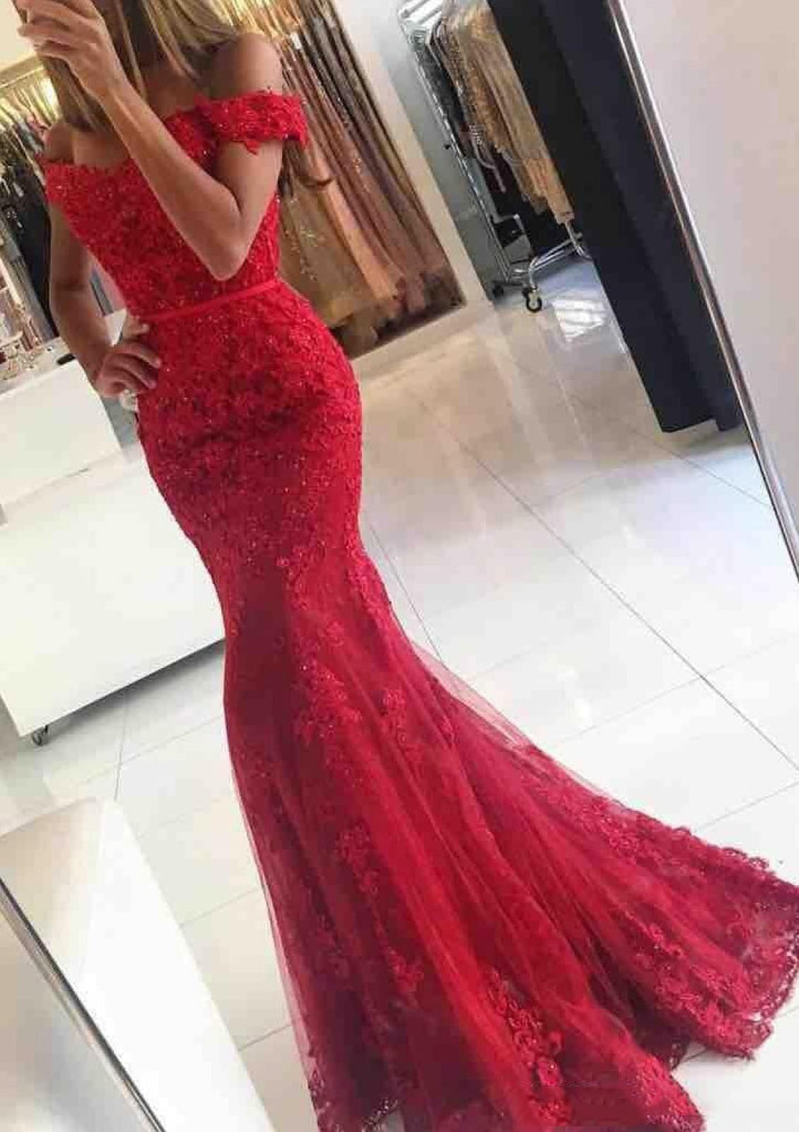 Lace Tulle Off Shoulder Sweep Train Long Mermaid Formal Gown Prom Dress, Beaded