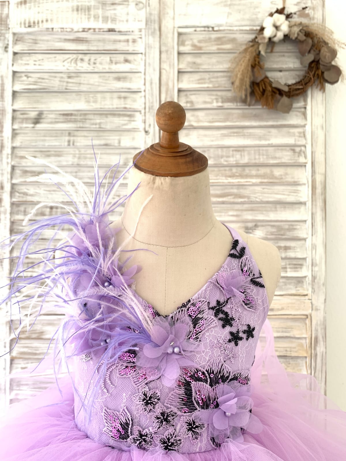 Lavender Lace Tulle Feathers/Horsehair Wedding Flower Girl Dress Kids?Pageant?Gown