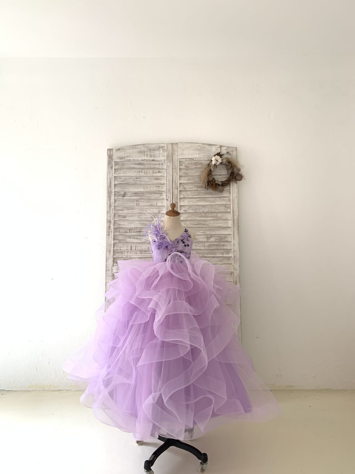 Lavender Lace Tulle Feathers/Horsehair Wedding Flower Girl Dress Kids?Pageant?Gown