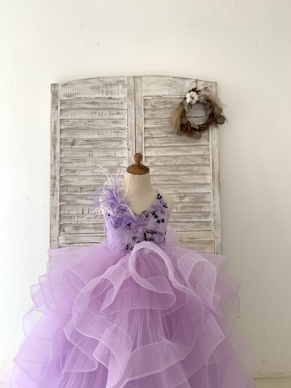 Lavender Lace Tulle Feathers/Horsehair Wedding Flower Girl Dress Kids?Pageant?Gown