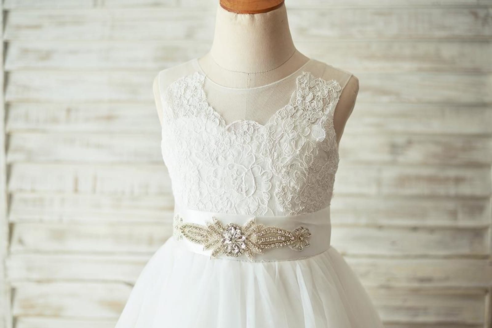 Light Champagne / Ivory Lace Tulle Sheer Back Wedding Flower Girl Dress, Belt
