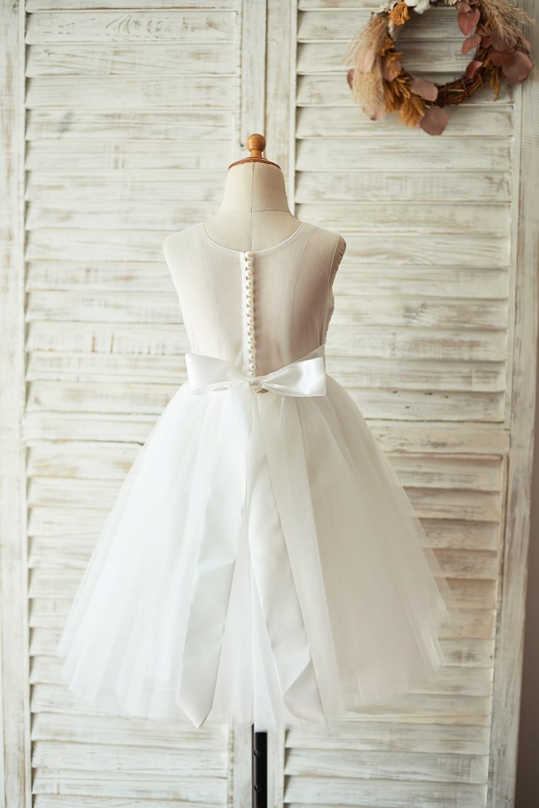 Light Champagne / Ivory Lace Tulle Sheer Back Wedding Flower Girl Dress, Belt