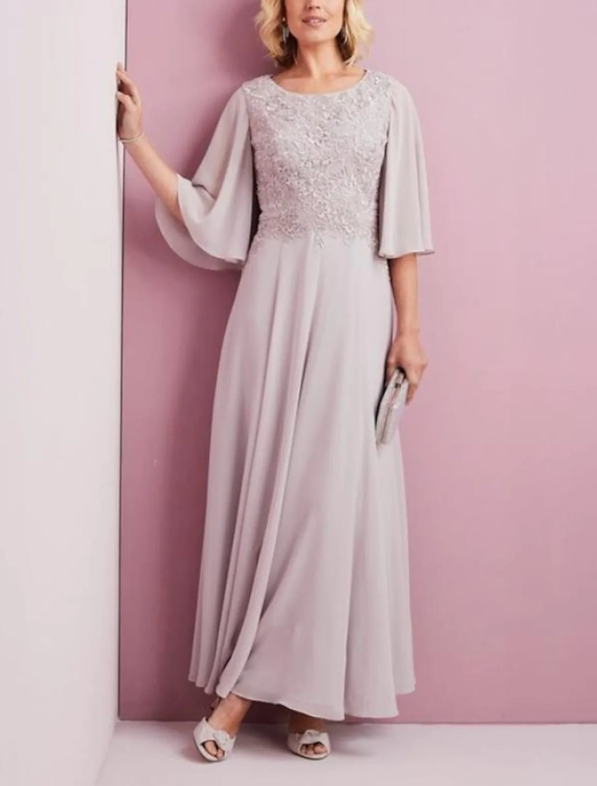 A-line Ankle Length Scoop Chiffon Butterfly Sleeve Mother of Bride Dress, Embroidery