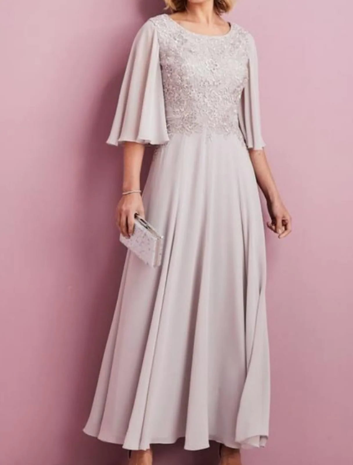 A-line Ankle Length Scoop Chiffon Butterfly Sleeve Mother of Bride Dress, Embroidery