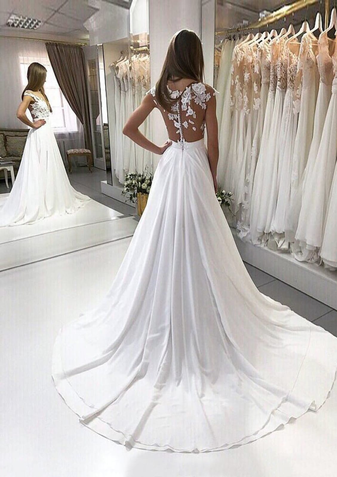 A-Line Bateau Floor Length Court Chiffon Wedding Dress, Lace