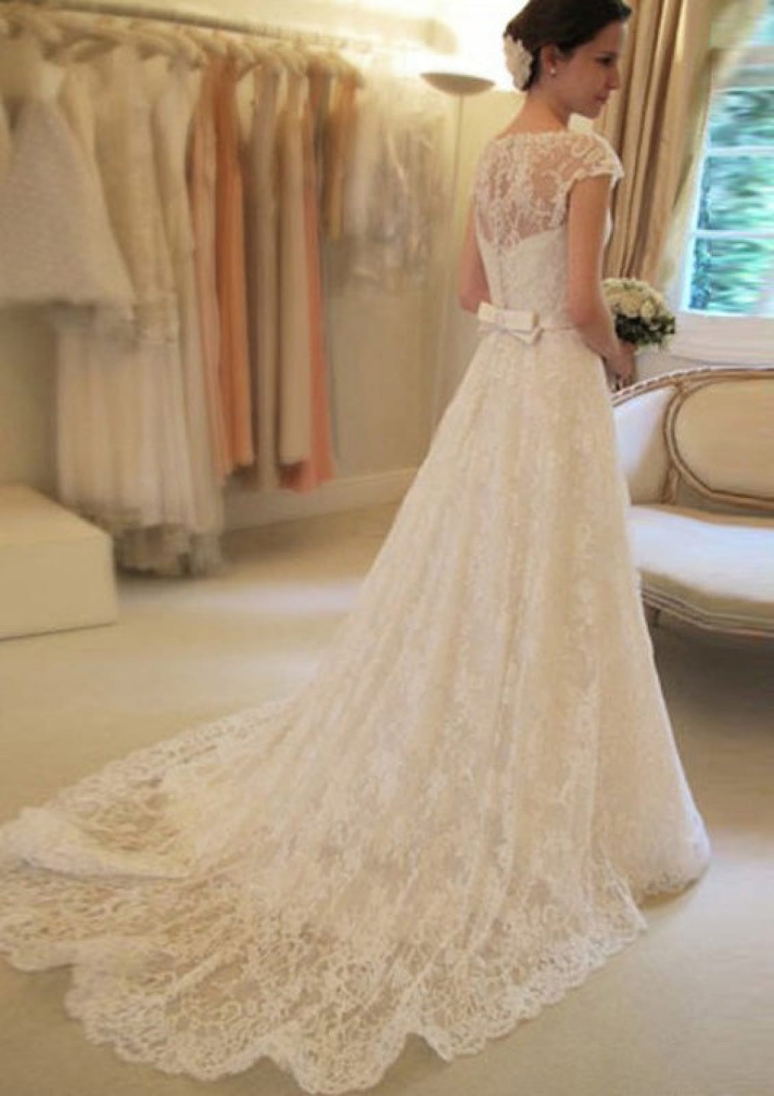A-line Bateau Cap Sleeve Court Lace Bridal Gown Wedding Dress, Waistband