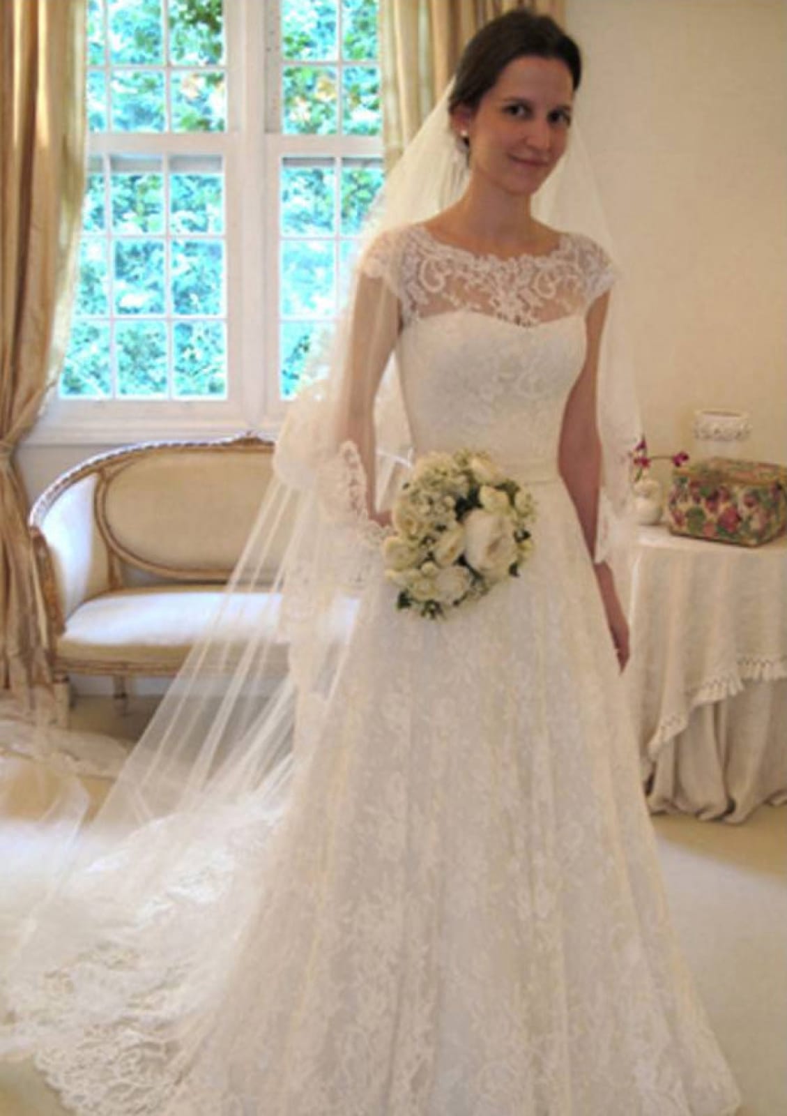 A-line Bateau Cap Sleeve Court Lace Bridal Gown Wedding Dress, Waistband