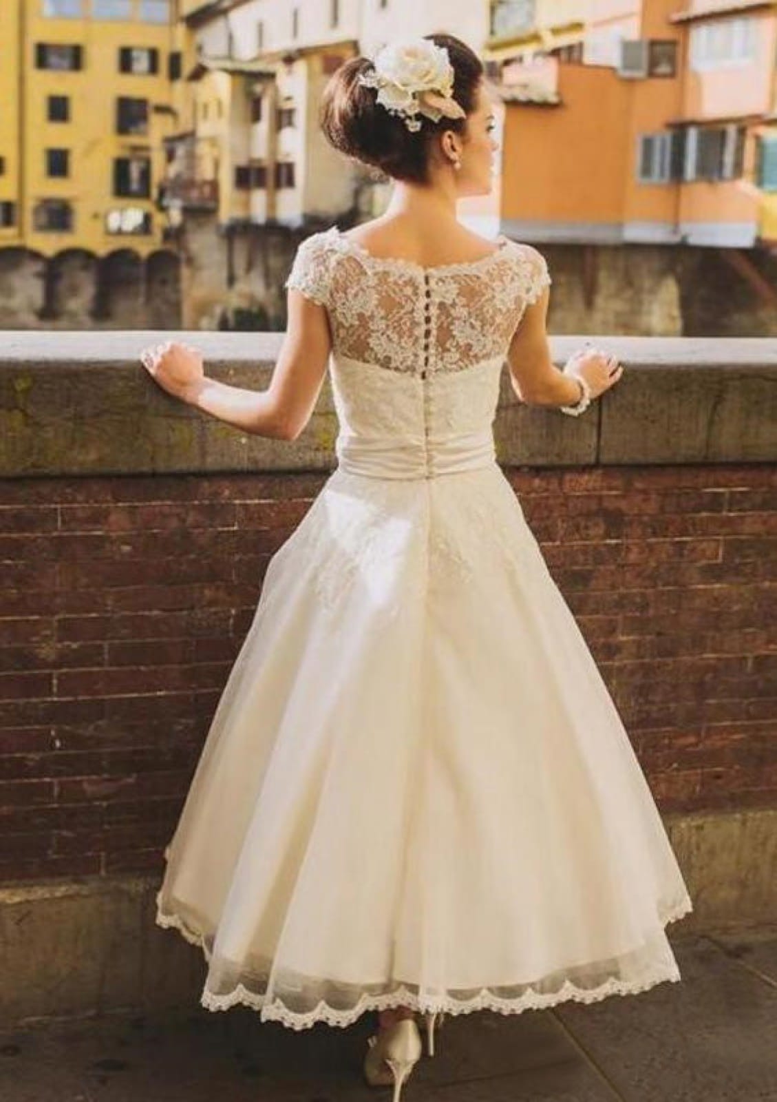 A-line Bateau Cap Sleeve Lace Tulle Midi Wedding Dresses, Flower
