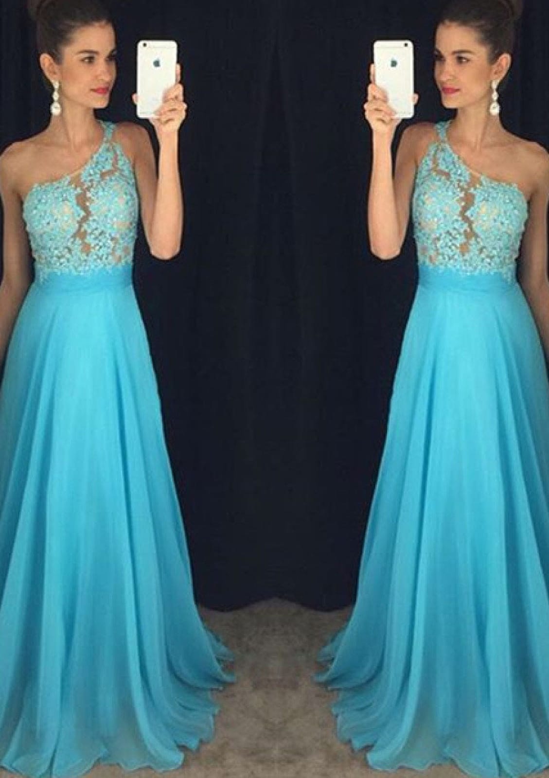 A-line Beaded Lace One Shoulder Sleeveless Blue Chiffon Prom Dress