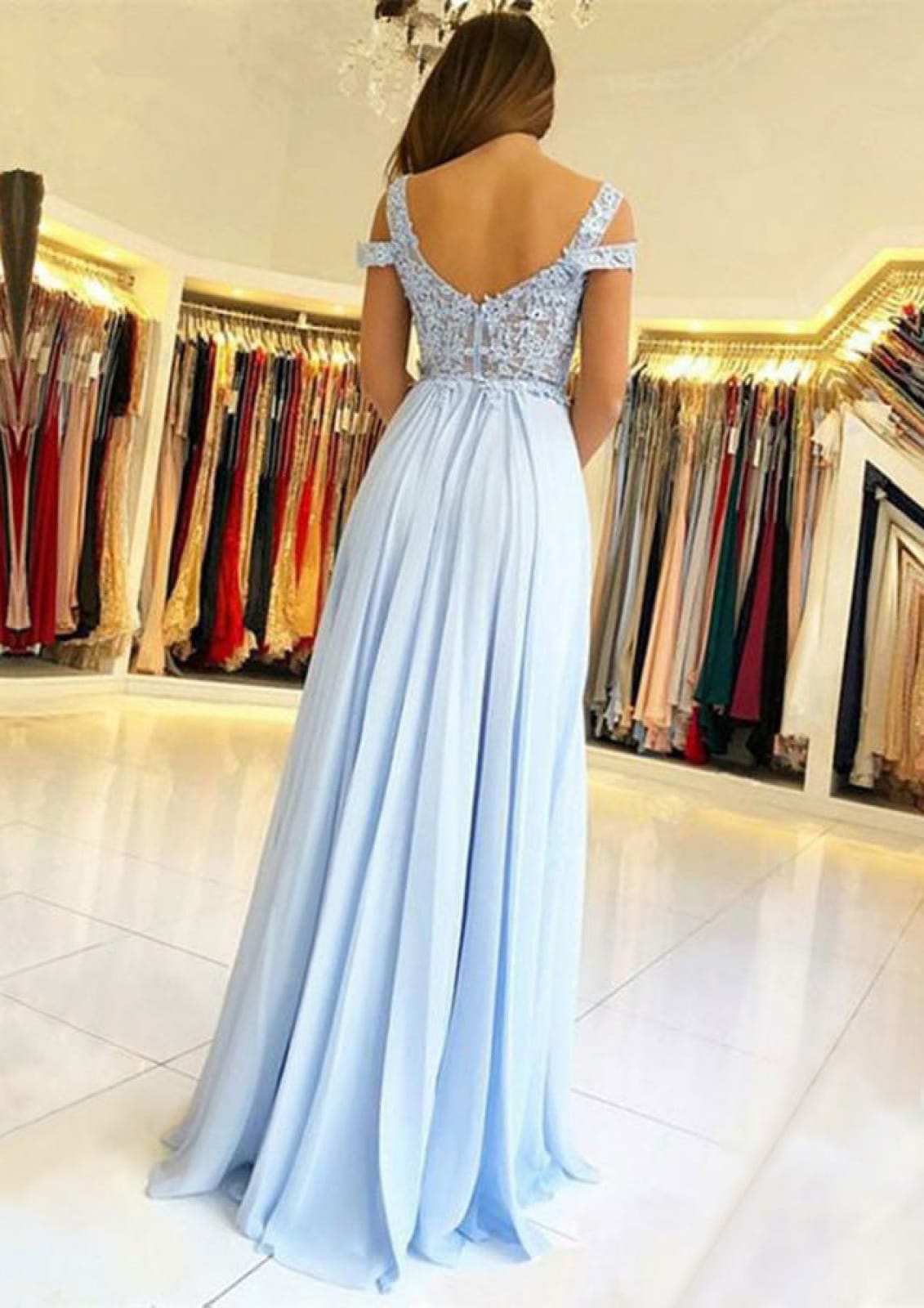 A-line Cold Shoulder Sky Blue Lace Chiffon Split Long Prom Dress