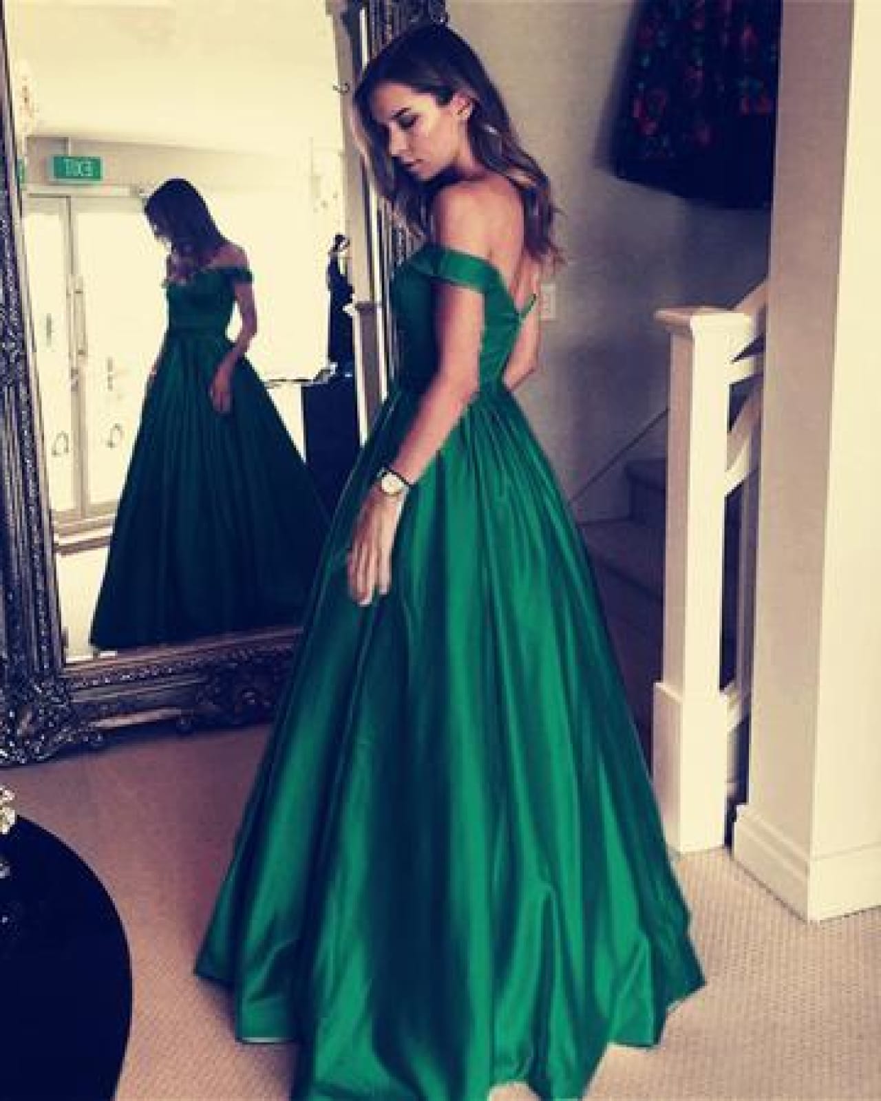 A-line Green Satin Off Shoulder Wedding Prom Evening Party Dress