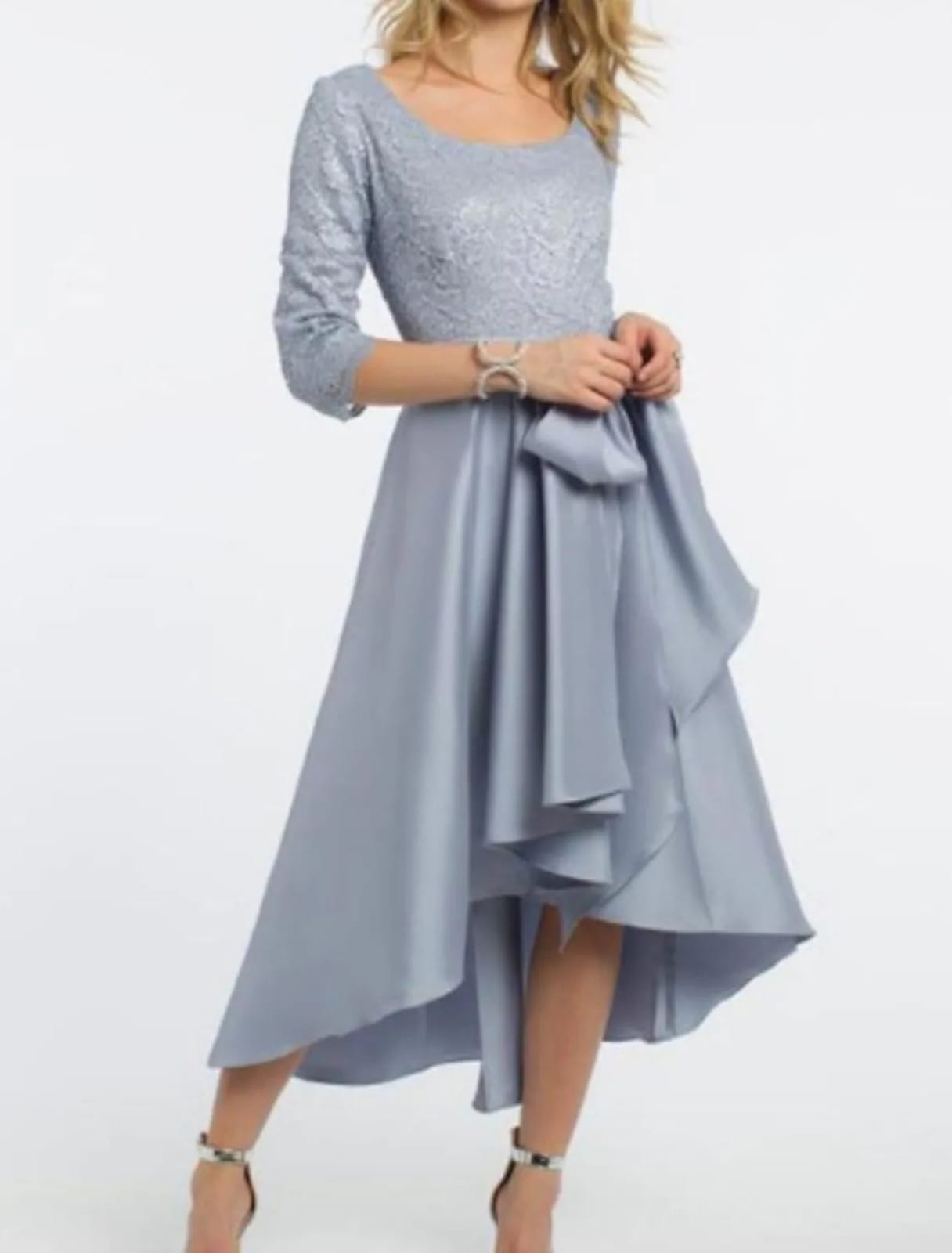 A-line Hi Low Scoop Neck 3/4 Sleeve Satin Mother of Bride/Wedding Guest Dress