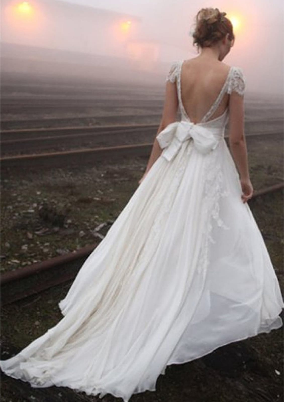A-line Lace Cap Sleeve Backless Court Chiffon Wedding Dress, Bowknot