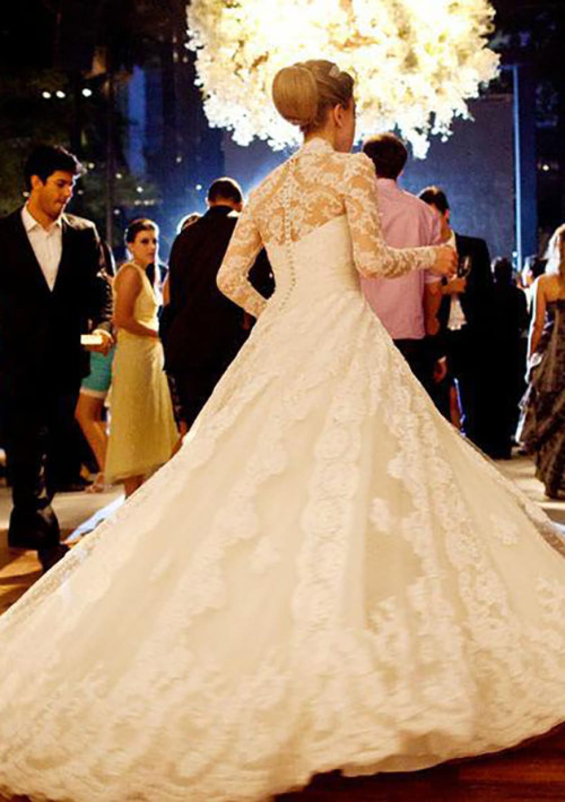 A-line Long Sleeve Button V Neck Chapel Lace Wedding Dress