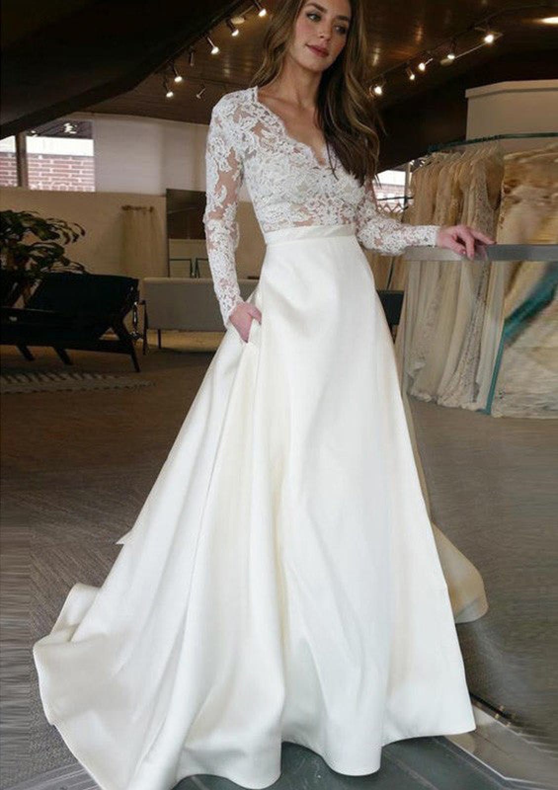 A-line V Neck Long Sleeve Sweep Lace Satin Wedding Dress