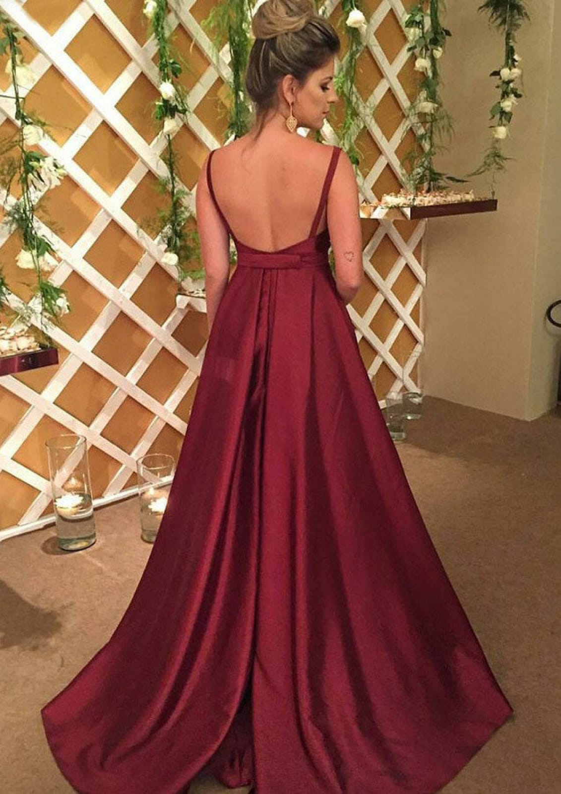 A-line V Neck Sleeveless Sweep Wine Red Charmeuse Prom Dress, Bowknot