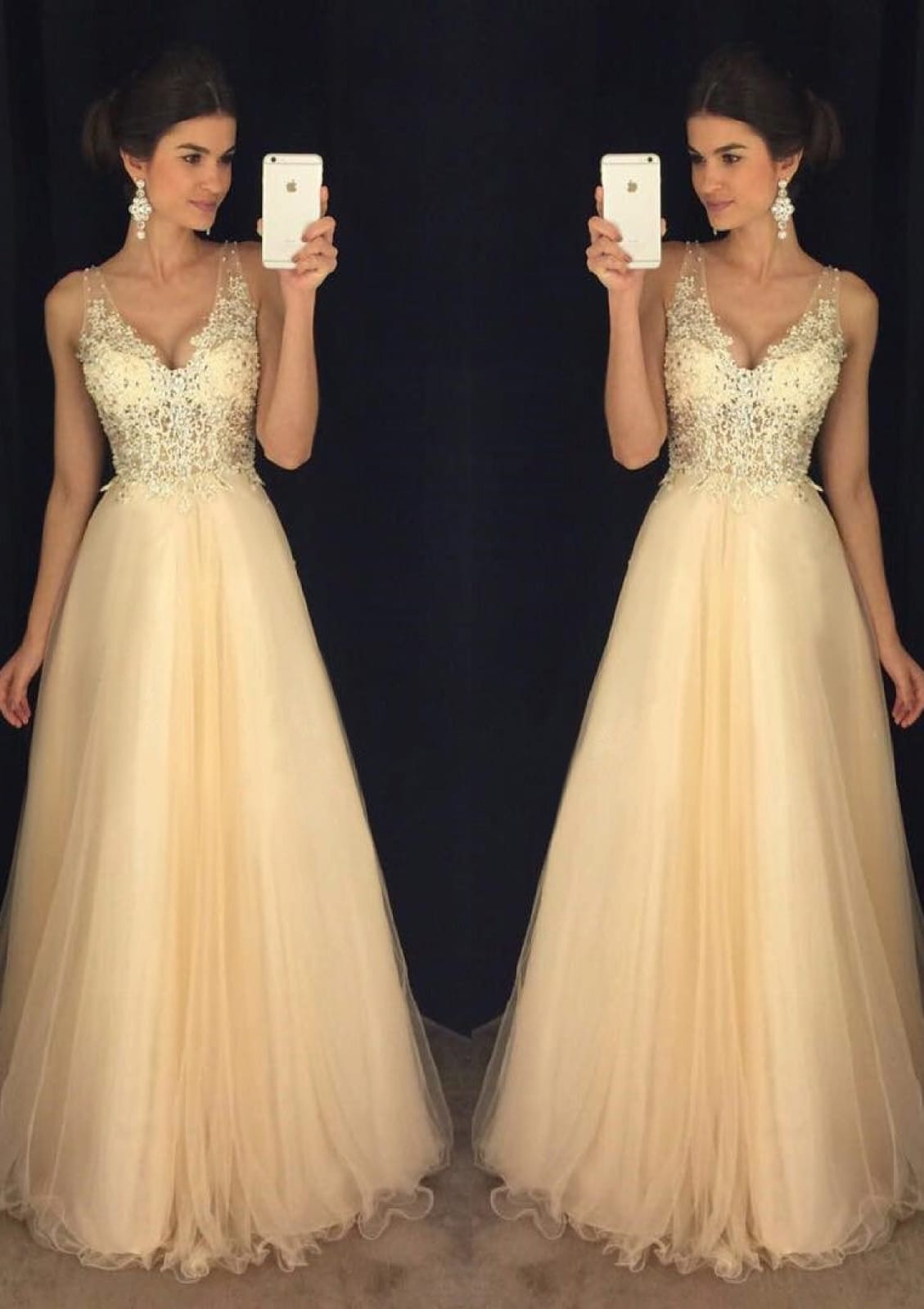 A-line Open Back Champagne Tulle Prom Dress Evening Gown, Beaded Lace