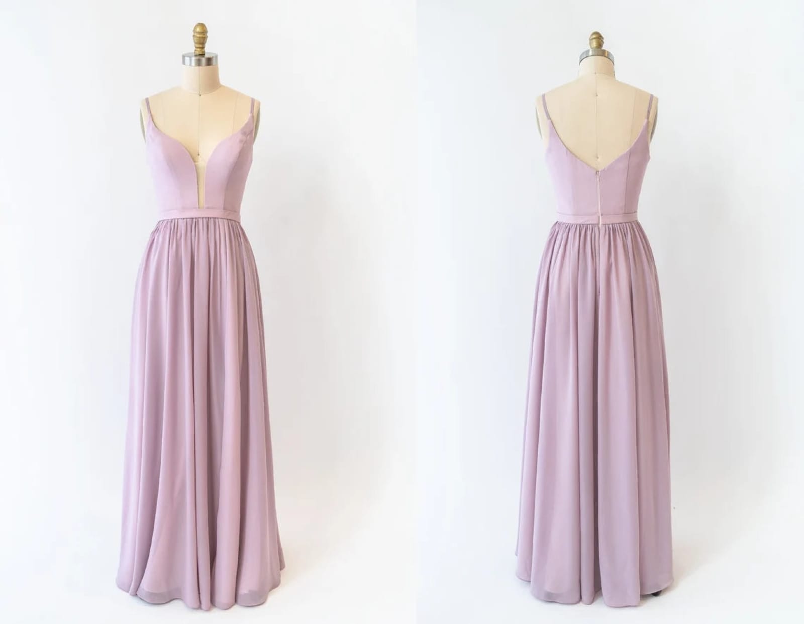 A-line Plunge Strap U Back Long Lavender Chiffon Bridesmaid Dress