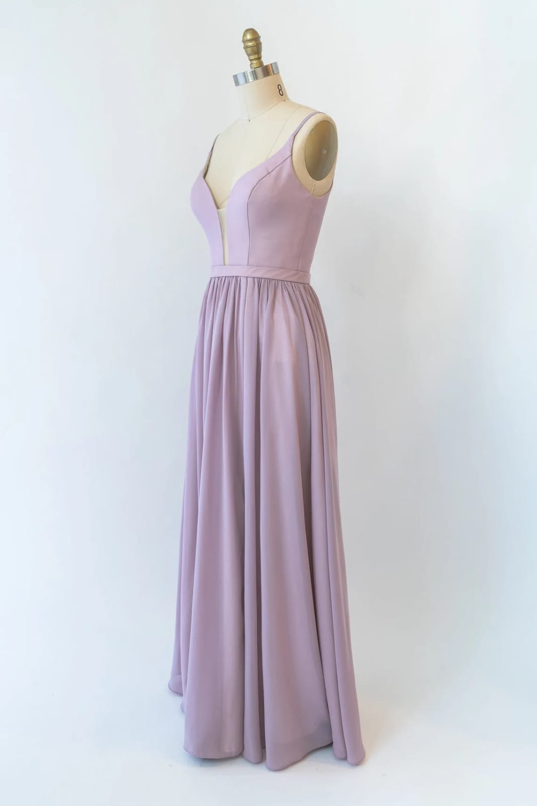 A-line Plunge Strap U Back Long Lavender Chiffon Bridesmaid Dress