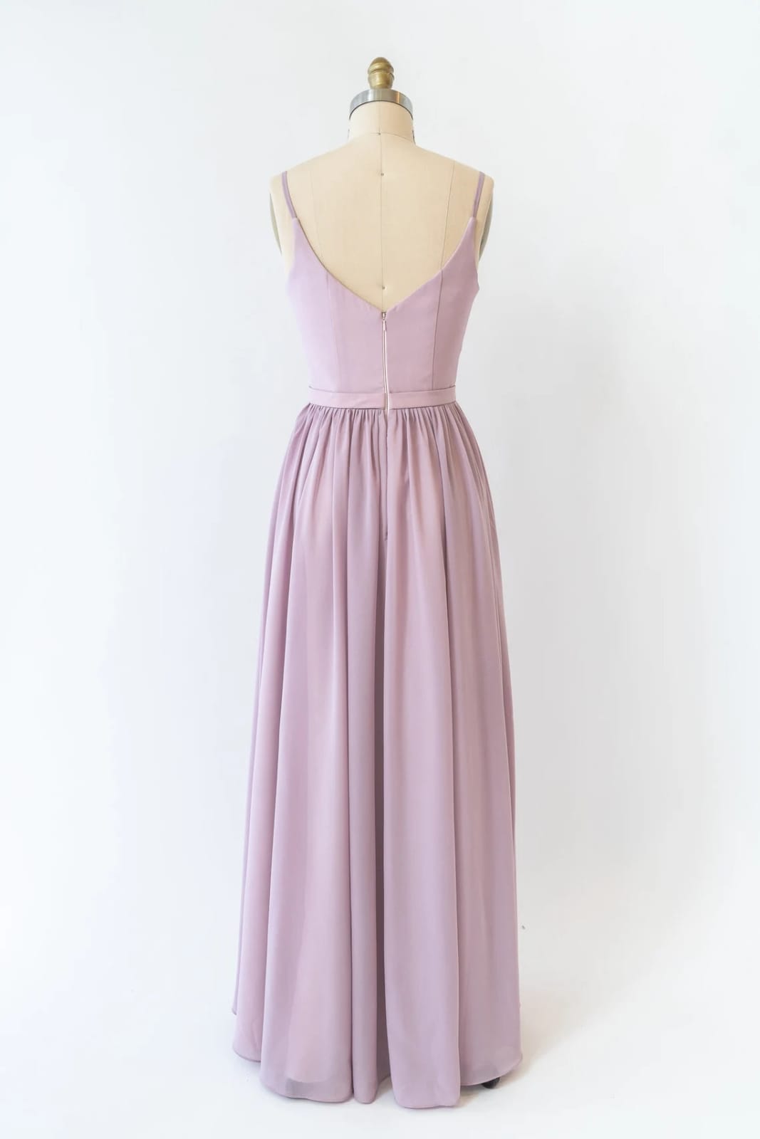 A-line Plunge Strap U Back Long Lavender Chiffon Bridesmaid Dress