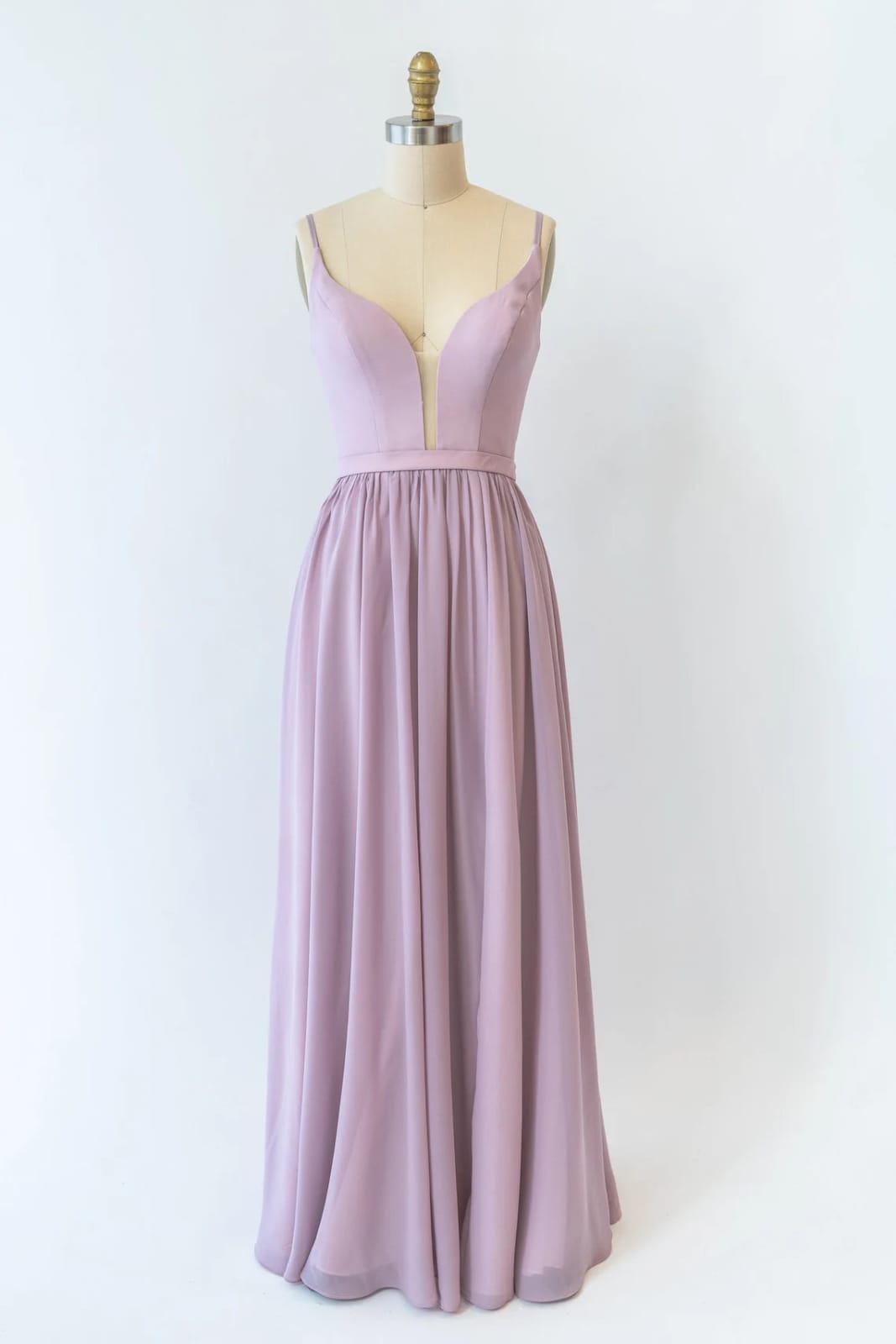 A-line Plunge Strap U Back Long Lavender Chiffon Bridesmaid Dress