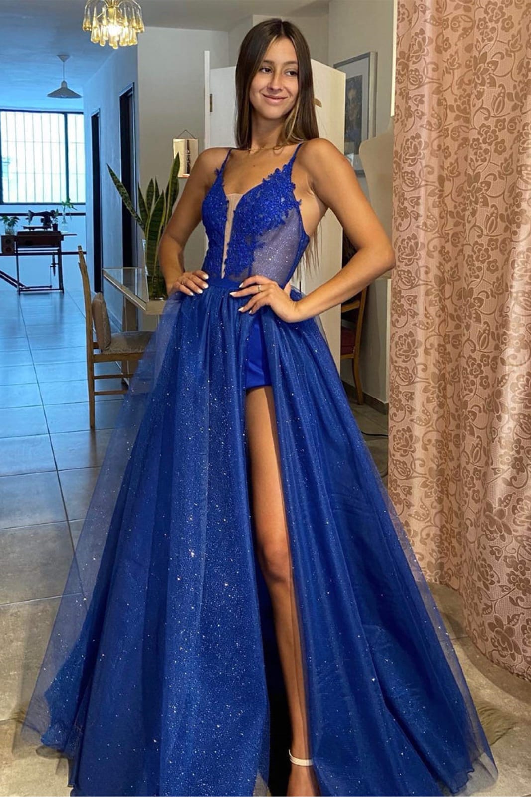 A-Line Prom Dress Sequin Royal Blue Tulle Plunging Sleeveless Slit Sweep