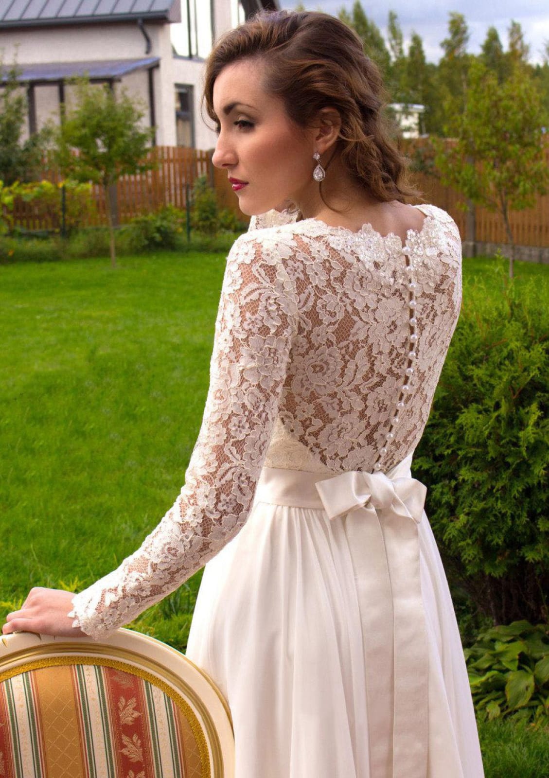 A-line Scalloped Neck Long Sleeve Lace Chiffon Wedding Dress, Sash