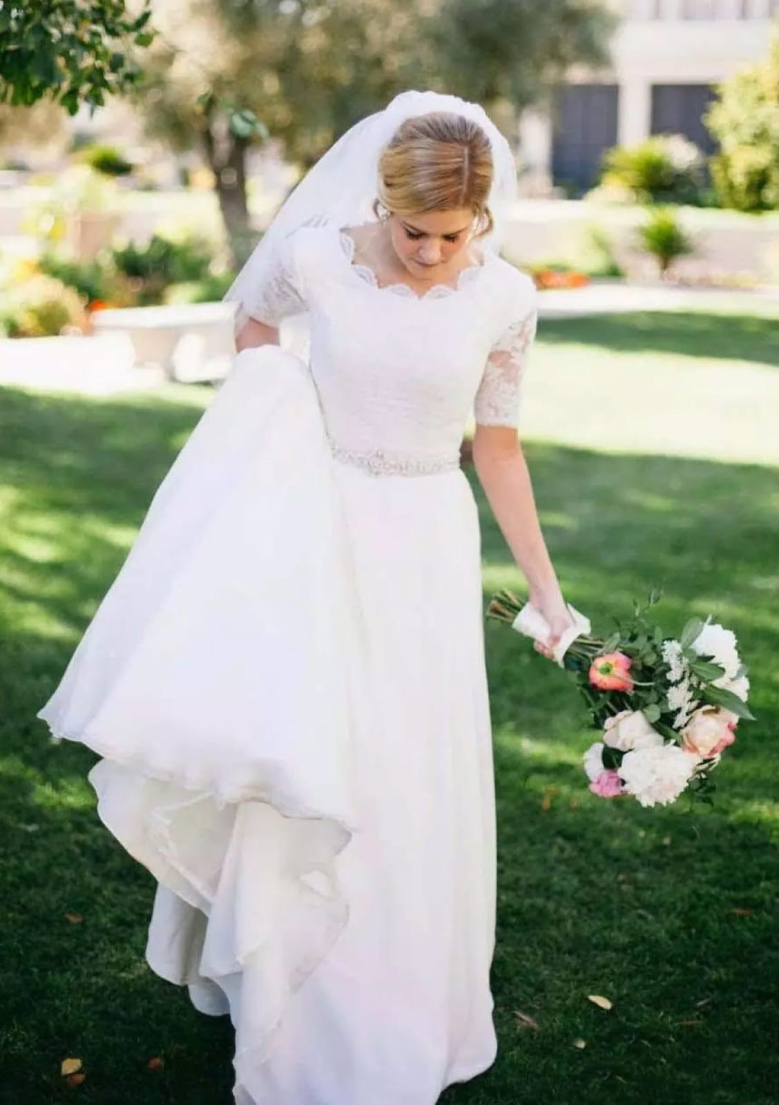 A-Line Scalloped Neck Satin Wedding Dress, Beaded Waistband