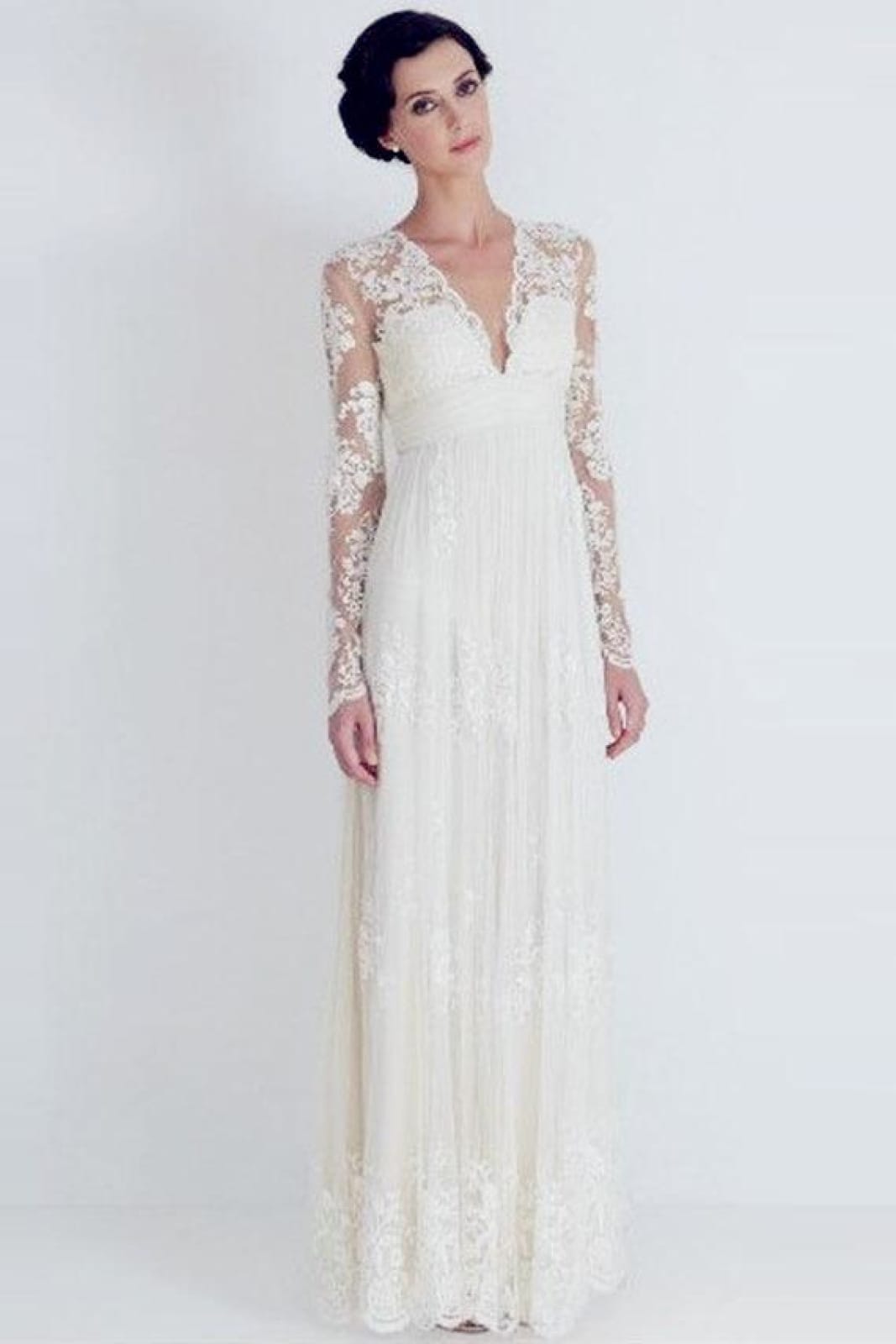 A-line Scalloped V-neck Sheer Long Sleeves Empire Waist Pleated Sweep Lace Wedding Dress