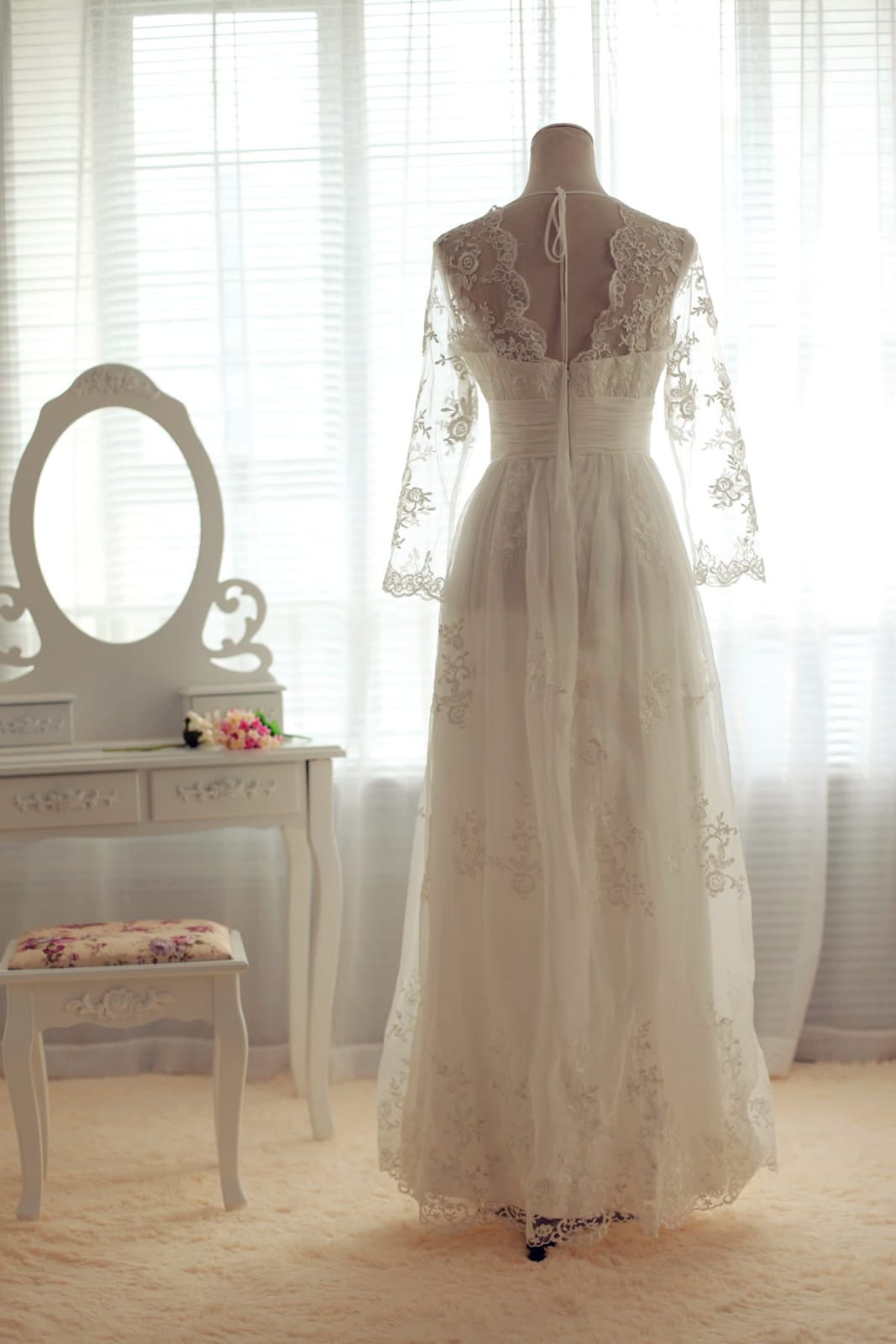 A-line Scalloped V-neck Sheer Long Sleeves Empire Waist Pleated Sweep Lace Wedding Dress