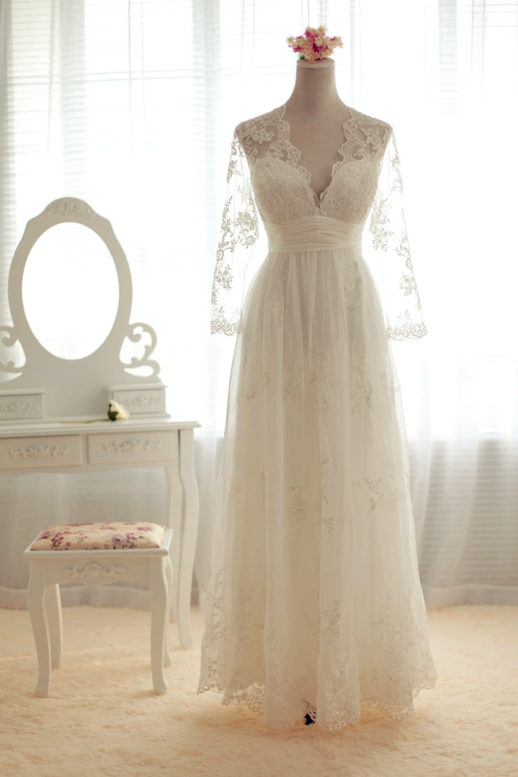 A-line Scalloped V-neck Sheer Long Sleeves Empire Waist Pleated Sweep Lace Wedding Dress