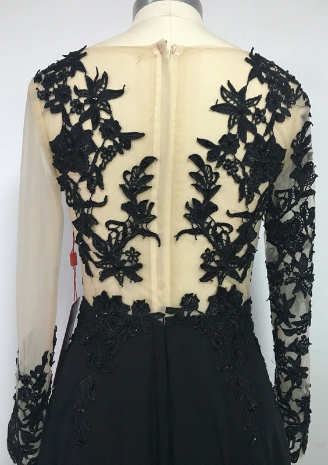 A-line Sheer Long Sleeve Illusion Lace Chapel Black Chiffon Prom Dress, Beaded Split