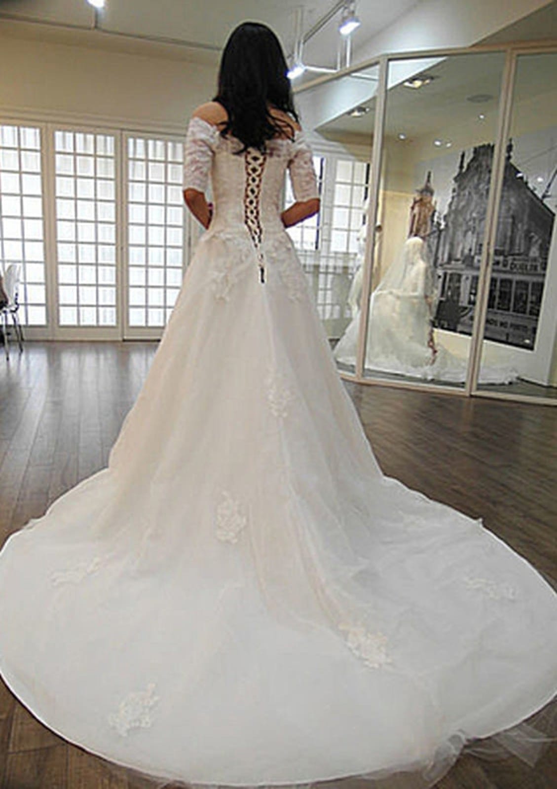 A-line Off Shoulder Half Sleeve Court Tulle Wedding Dress, Lace