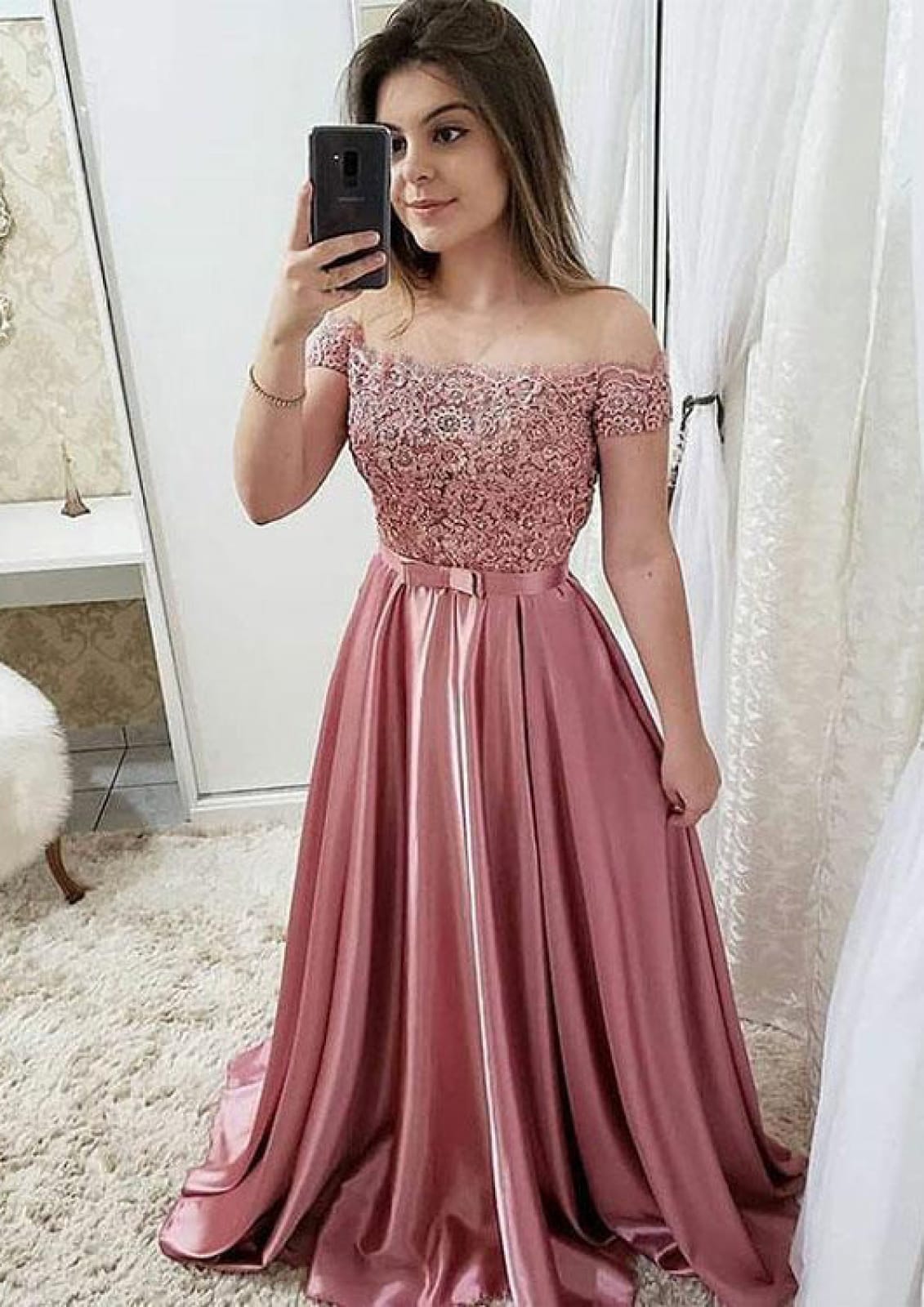 A-line Off Shoulder Scalloped Burgundy Charmeuse Prom Dress, Beaded Lace