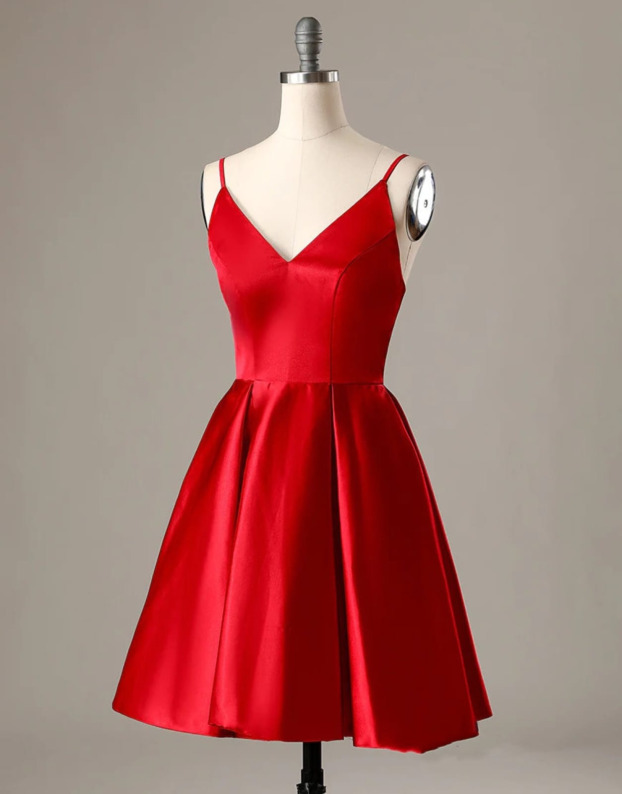 A-Line Spaghetti Straps V Neck Red Satin Homecoming Dress, Pockets