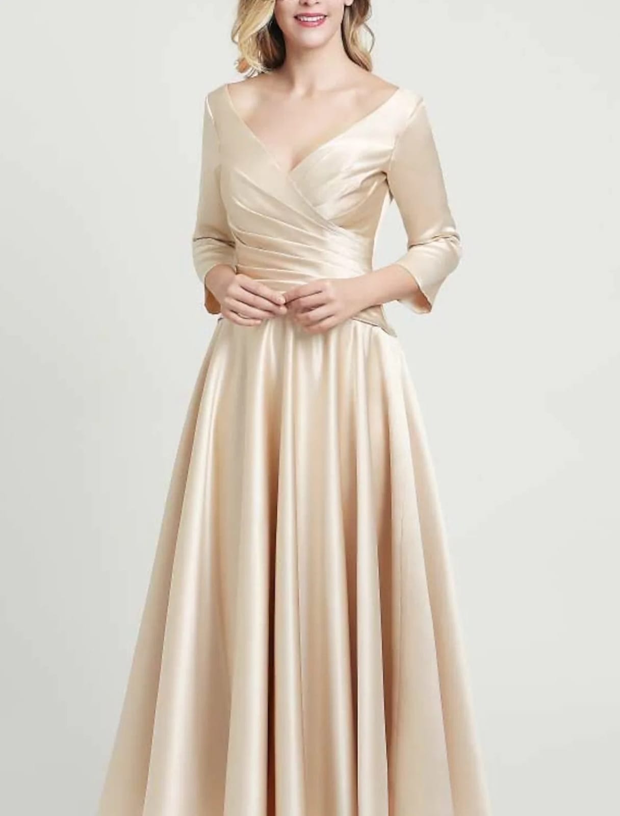 A-line Surplice Ankle Length Satin Ruched Wedding Guest/Mother of Bride Dress