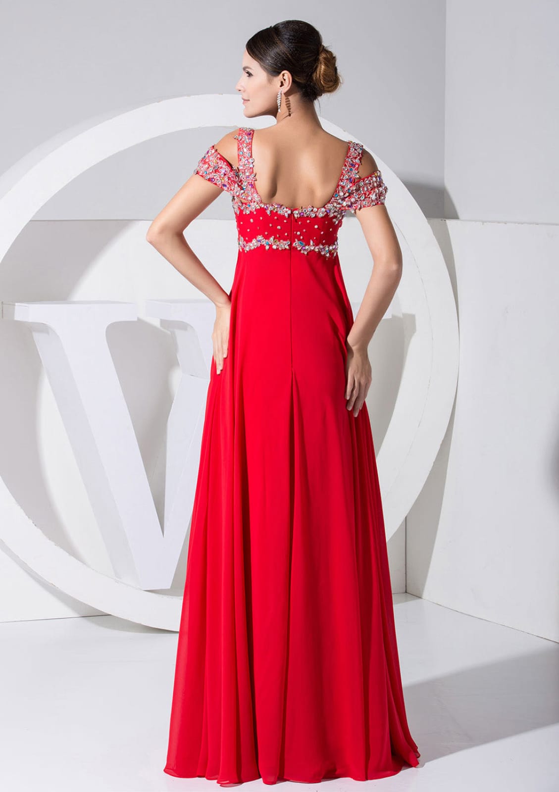 A-line Sweetheart Beaded Empire Off Shoulder Chiffon Overlay Long Evening Dress