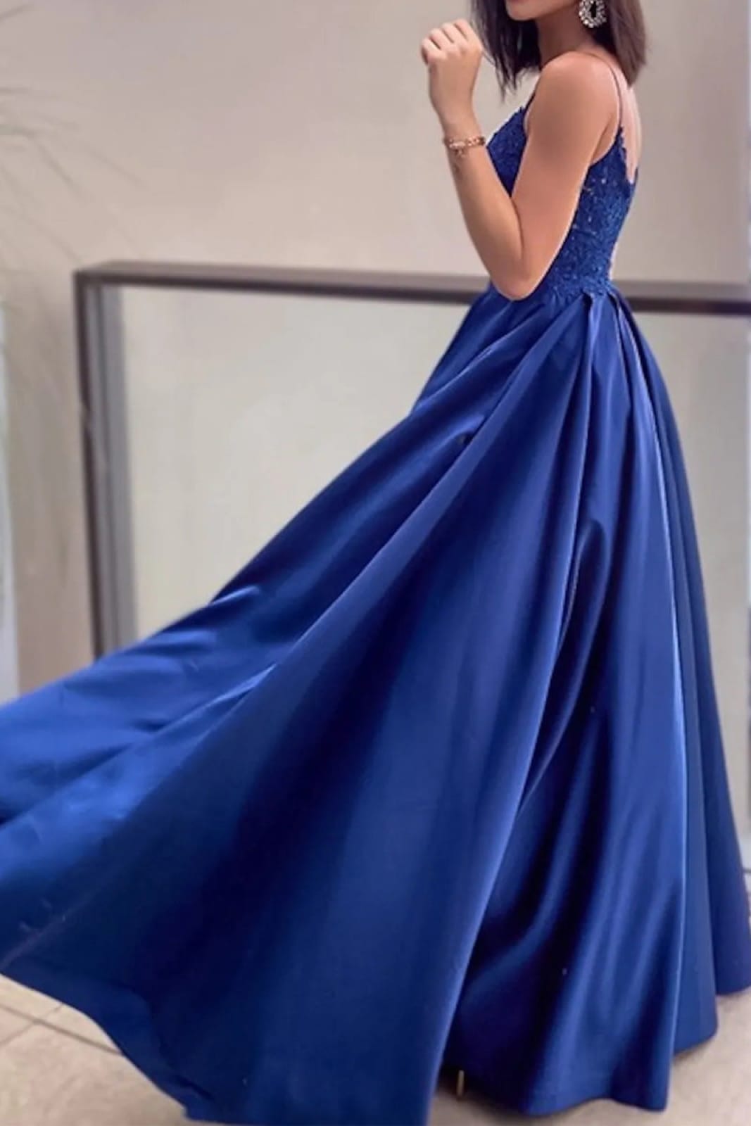 Long Prom Dress A-Line Straps V Neck Sleeveless Royal Blue Lace Satin, Pleats