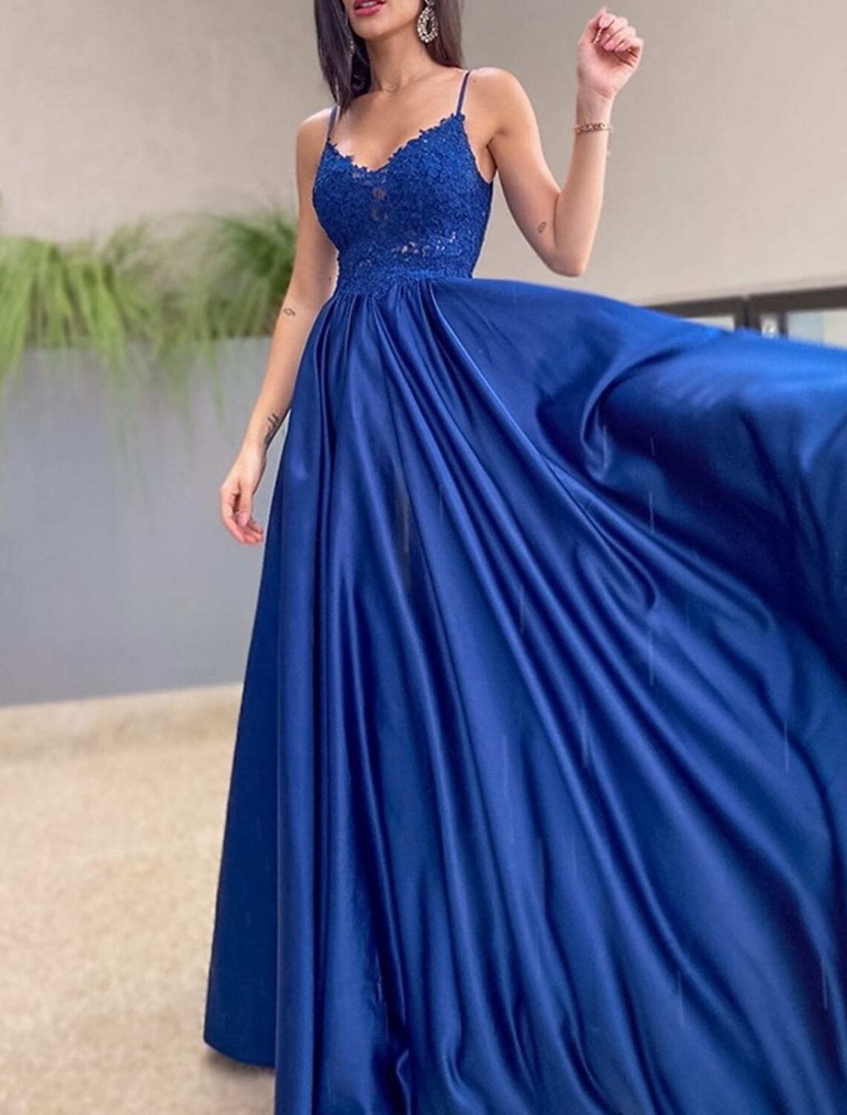 Long Prom Dress A-Line Straps V Neck Sleeveless Royal Blue Lace Satin, Pleats