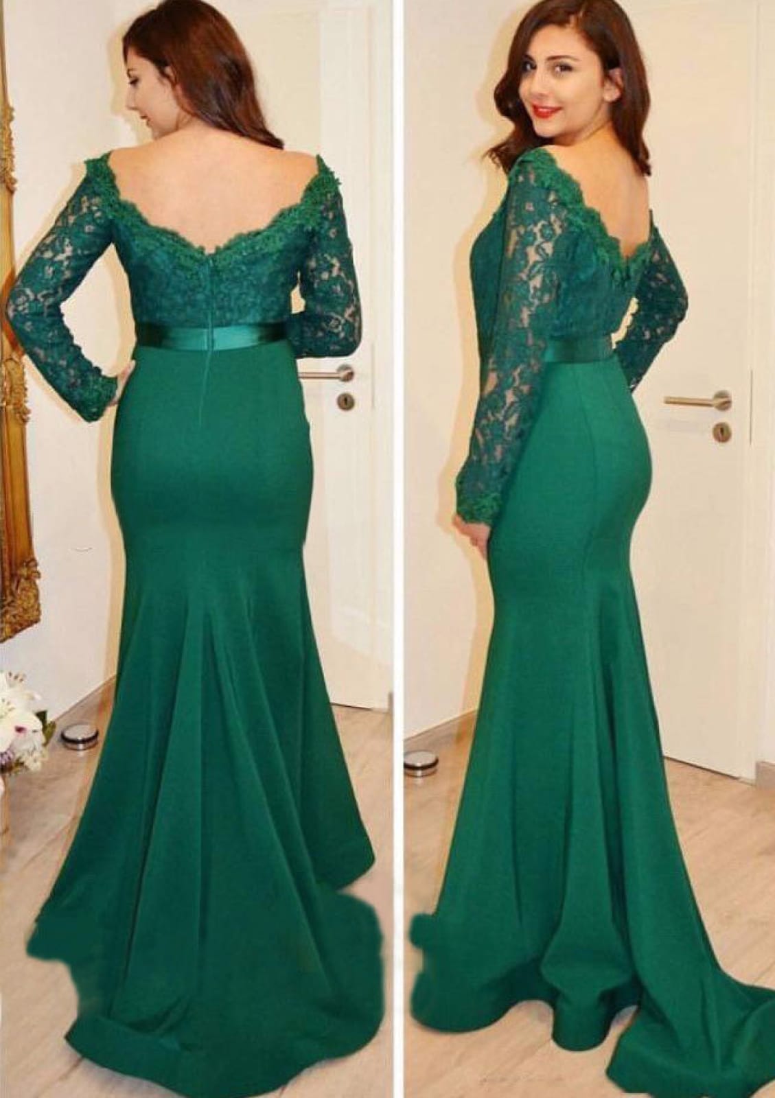 Long Sleeve Off Shoulder Green Lace Satin Fishtail Evening Gown