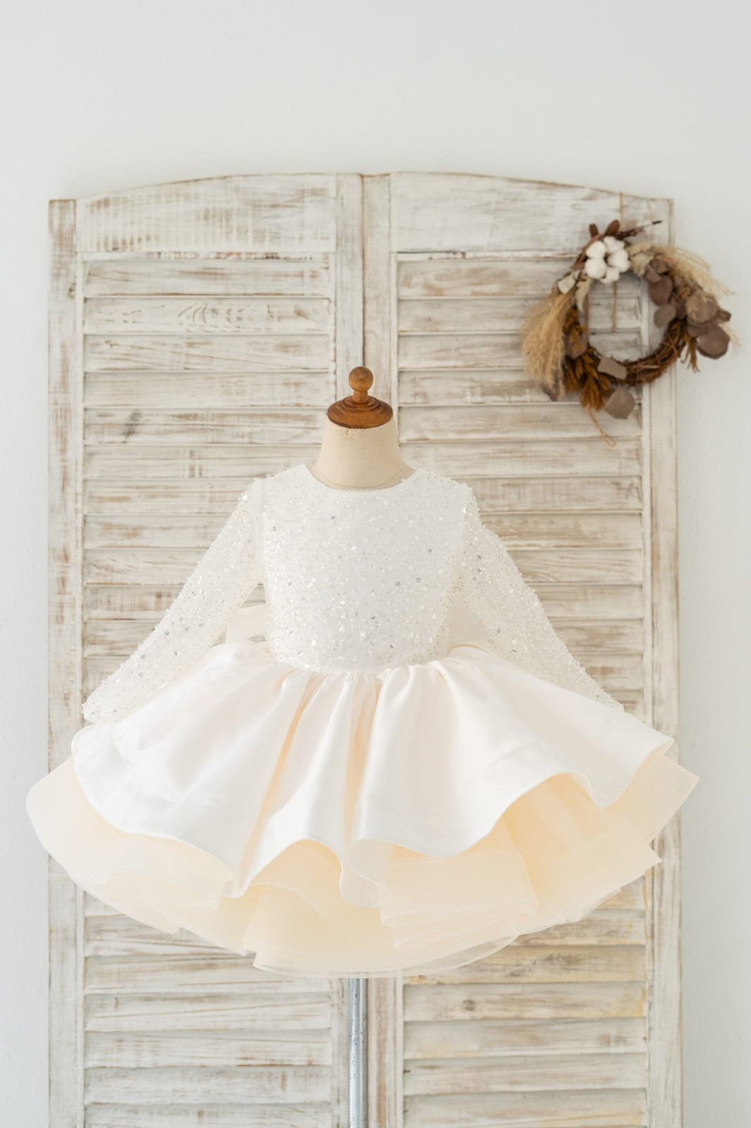 Long Sleeves V Back Crystal Beaded Champagne Tulle TUTU Wedding Flower Girl Dress
