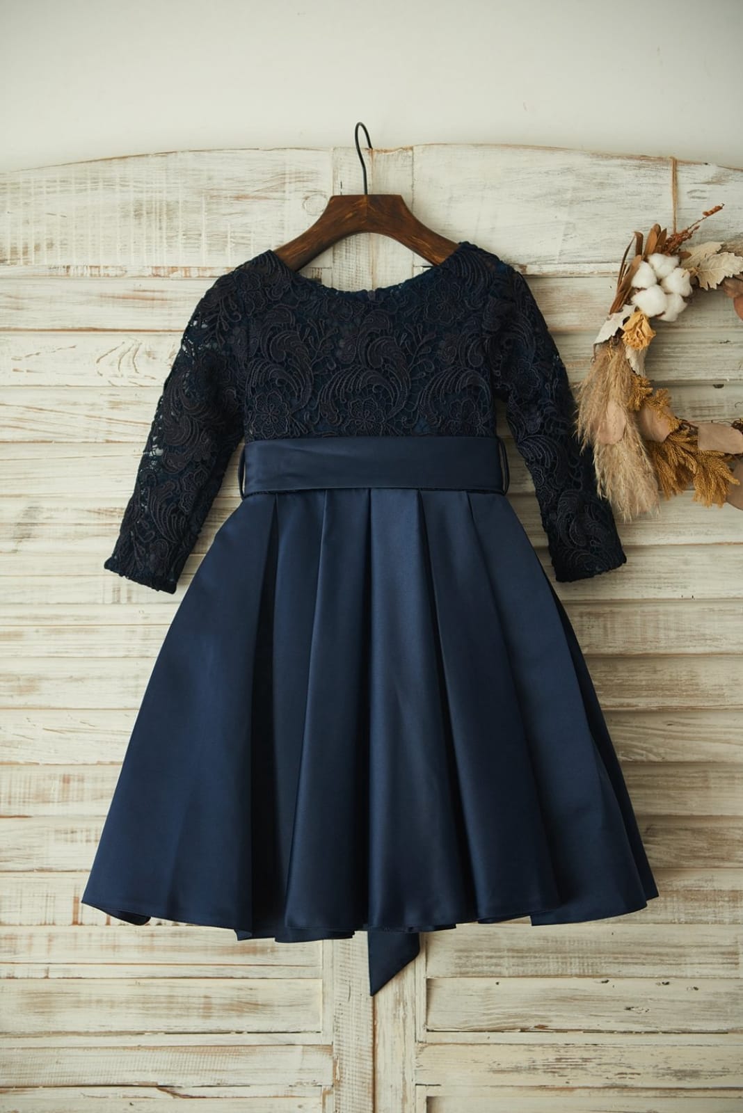 Long Sleeves Navy Blue Lace Satin Wedding Flower Girl Dress, Belt