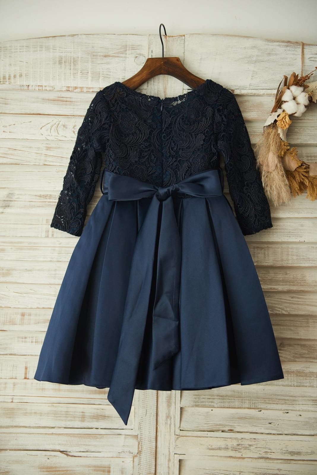 Long Sleeves Navy Blue Lace Satin Wedding Flower Girl Dress, Belt